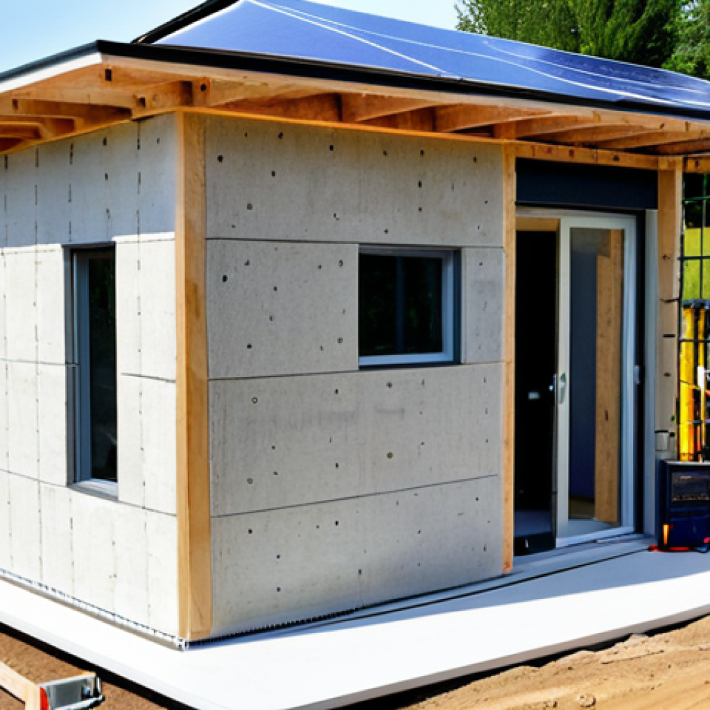 Modern Eco-Home Construction**

"A partially constructed modern eco-home, utilizing 3D printed walls made of natural materials like hempcrete, fully clothed construction workers in hard hats using advanced testing equipment, scaffolding visible, demonstrating material durability, background shows a sustainable community with solar panels and green roofs, bright daylight, safe for work, appropriate content, fully clothed, professional, perfect anatomy, correct proportions, natural pose, high quality."

**