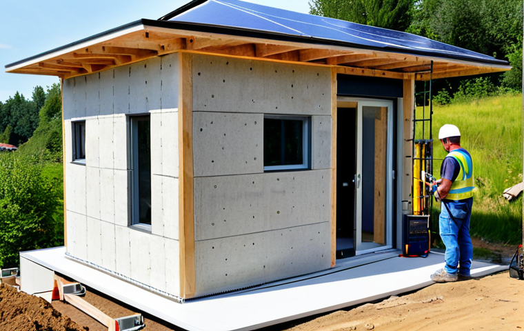 Modern Eco-Home Construction**

"A partially constructed modern eco-home, utilizing 3D printed walls made of natural materials like hempcrete, fully clothed construction workers in hard hats using advanced testing equipment, scaffolding visible, demonstrating material durability, background shows a sustainable community with solar panels and green roofs, bright daylight, safe for work, appropriate content, fully clothed, professional, perfect anatomy, correct proportions, natural pose, high quality."

**