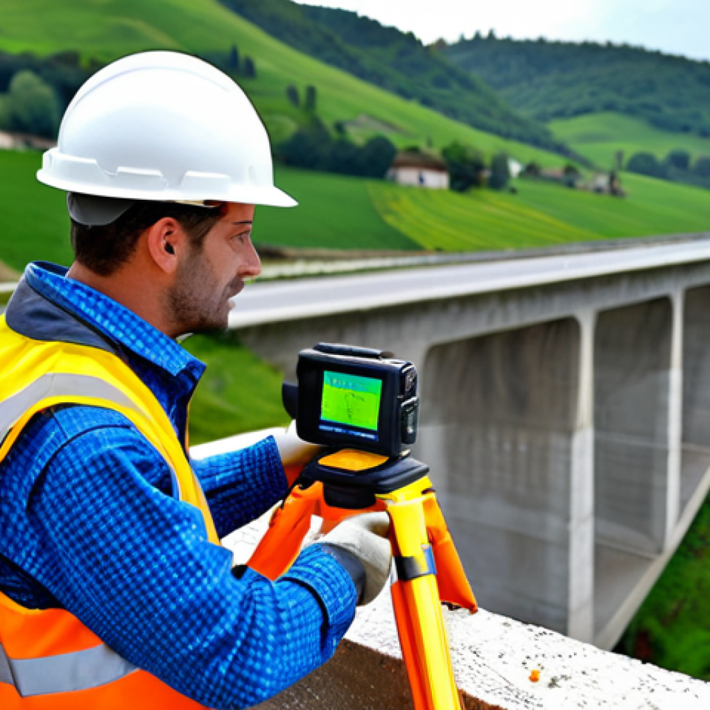 Non-Destructive Testing in Action**

"A construction engineer, fully clothed in a high-visibility vest and hard hat, using a thermal imaging camera to inspect a concrete bridge support. The bridge is in a rural French setting with rolling hills in the background. Focus on the engineer and the thermal camera's display showing temperature variations. Appropriate attire, safe for work, professional, perfect anatomy, natural pose, high quality."

**