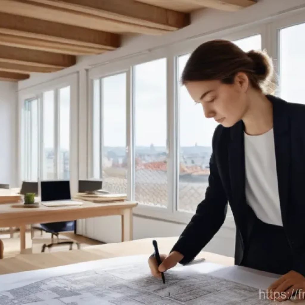 건설재료시험기사와 산업표준 인증 - **Prompt:** A highly detailed, realistic photograph capturing a French architectural design studio. ...