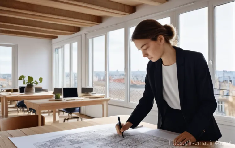 건설재료시험기사와 산업표준 인증 - **Prompt:** A highly detailed, realistic photograph capturing a French architectural design studio. ...