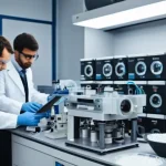 건설재료시험기사와 건축재료 안전기준 - **Prompt:** A detailed, realistic image of a modern material testing laboratory in France. In the fo...