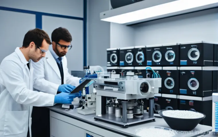 건설재료시험기사와 건축재료 안전기준 - **Prompt:** A detailed, realistic image of a modern material testing laboratory in France. In the fo...