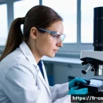 건설재료시험기사의 연봉 및 복지 비교 - **Prompt:** A focused female materials engineer (30s) in a modern, brightly lit laboratory in France...