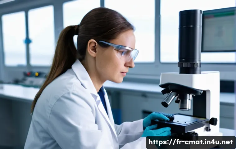 건설재료시험기사의 연봉 및 복지 비교 - **Prompt:** A focused female materials engineer (30s) in a modern, brightly lit laboratory in France...