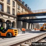 건설재료시험과 대형 프로젝트 품질 관리 - A detailed construction site scene in a French urban environment, showcasing a reinforced concrete b...