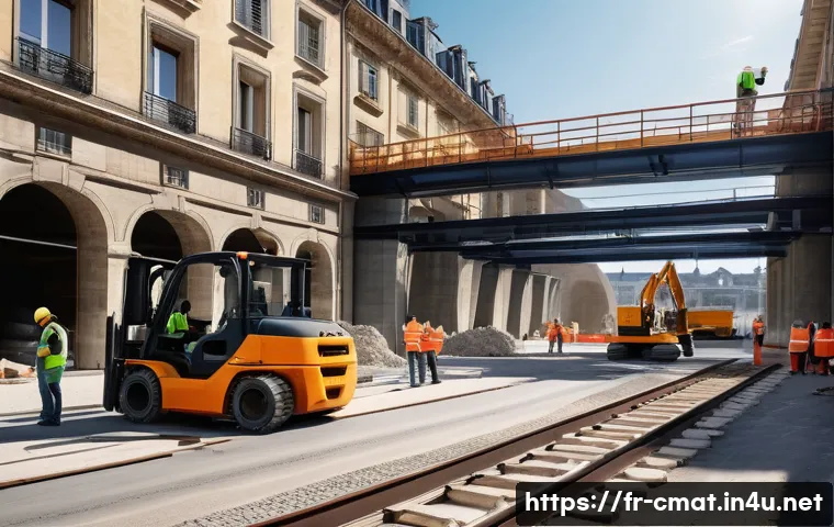 건설재료시험과 대형 프로젝트 품질 관리 - A detailed construction site scene in a French urban environment, showcasing a reinforced concrete b...