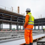 건설재료시험과 최신 실험 장비 - A high-tech construction site featuring engineers using portable 3D LiDAR scanners and smart sensors...