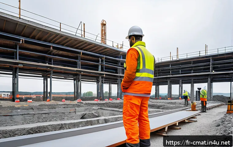 건설재료시험과 최신 실험 장비 - A high-tech construction site featuring engineers using portable 3D LiDAR scanners and smart sensors...