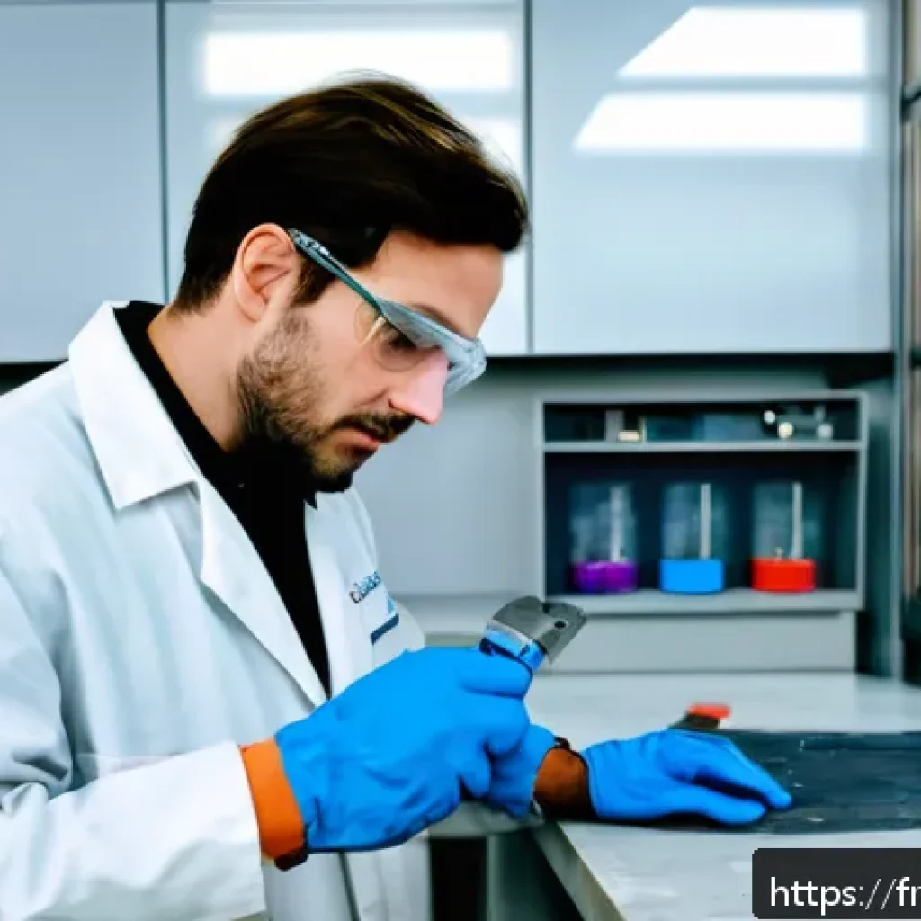 건설재료시험기사 실기시험에서의 유의사항 - A professional construction materials technician in a modern French laboratory, wearing safety glass...