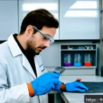 건설재료시험기사 실기시험에서의 유의사항 - A professional construction materials technician in a modern French laboratory, wearing safety glass...