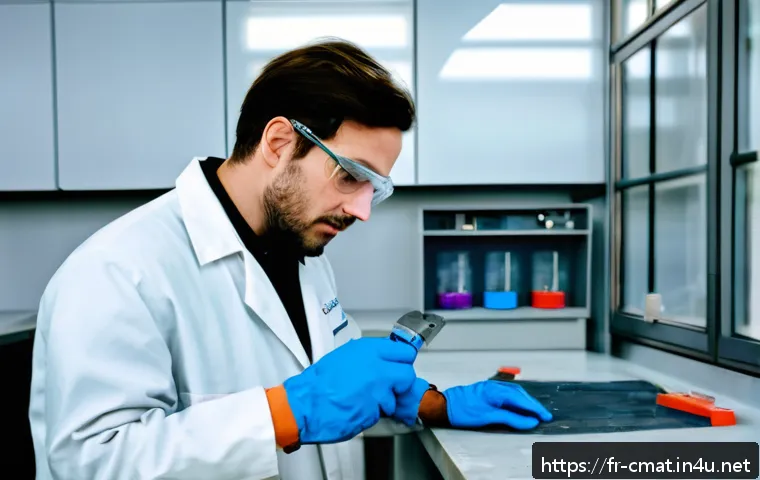 건설재료시험기사 실기시험에서의 유의사항 - A professional construction materials technician in a modern French laboratory, wearing safety glass...