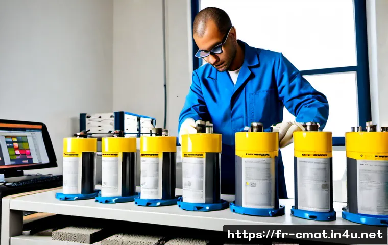 건설재료시험과 품질 관리 시스템 - Photorealistic French construction materials laboratory, a technician in clean high-visibility workw...