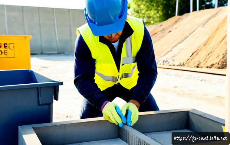 건설재료시험기사와 환경 보호 기술 - Photorealistic French civil engineering materials technician in high-visibility vest and safety helm...